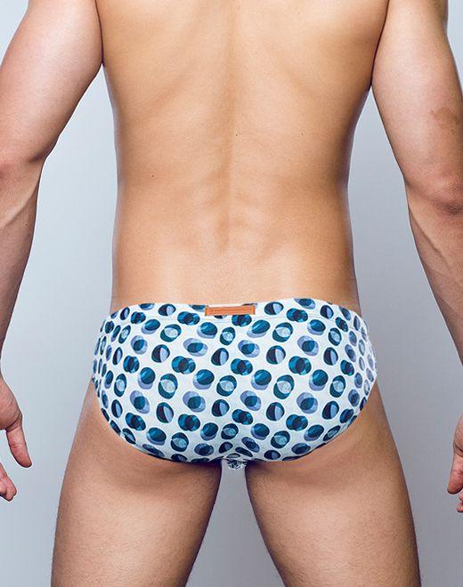 2Eros Bubbles swim brief with light and dark blue bubble print and external drawstring.