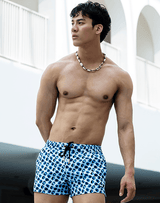 2Eros Bubbles swim short with light and dark blue bubble print and external drawstring.