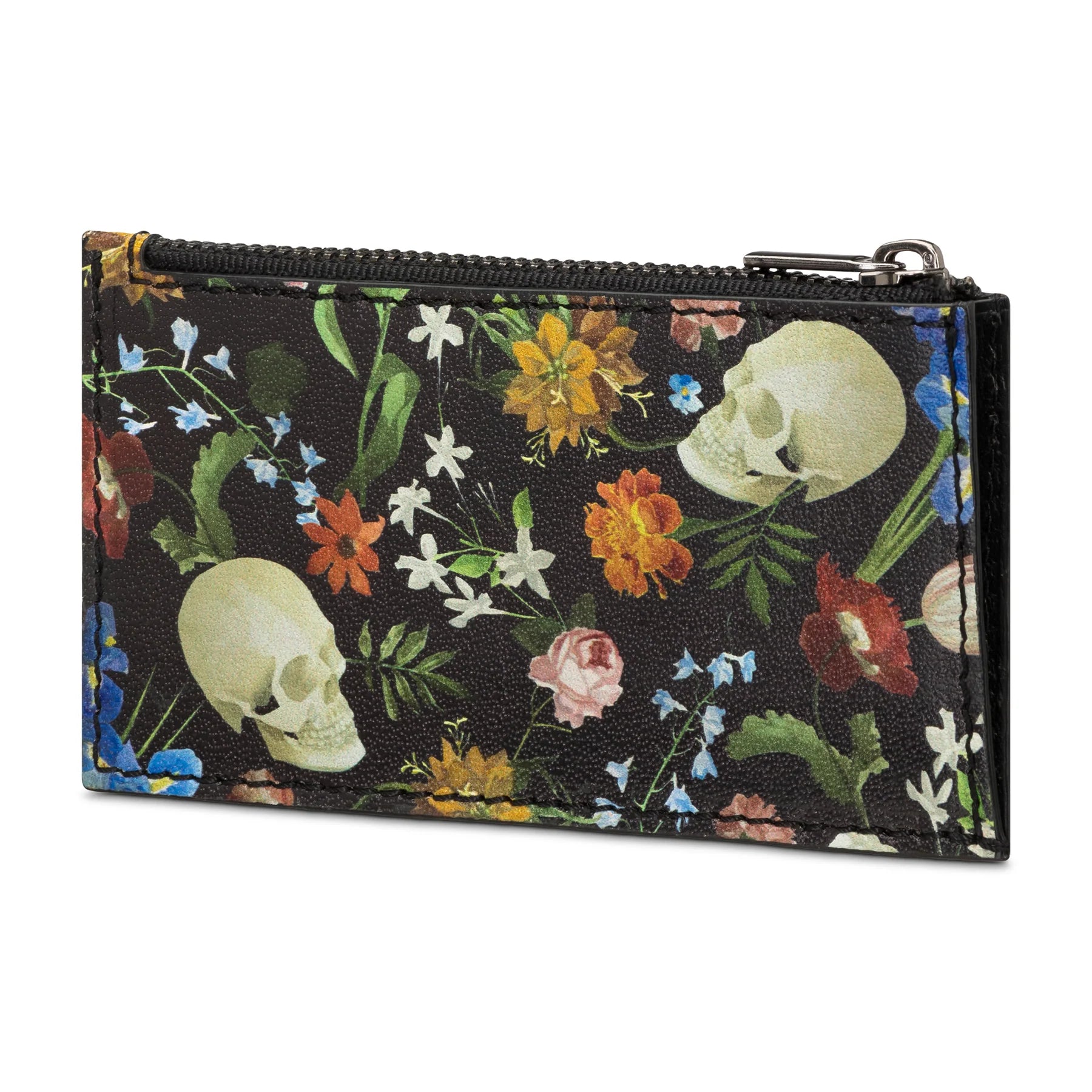 Skull & Bone Black leather zip wallet with skulls and flowers - Haut Underwear