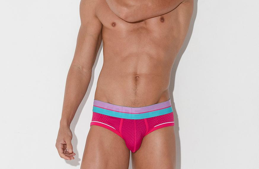 Code22 bright mesh brief in fuchsia with contrasting waistband.