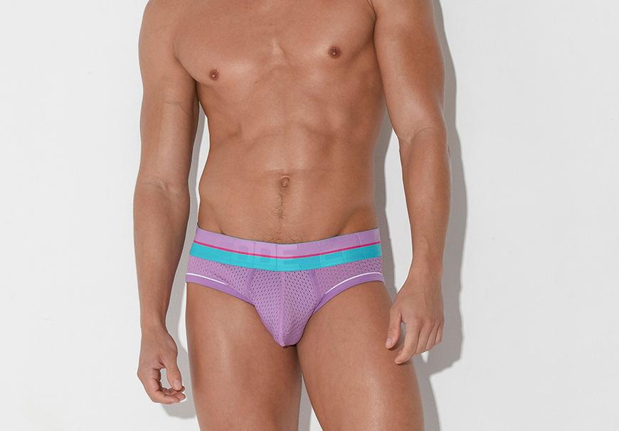 Code22 bright mesh brief in purple with contrasting waistband.