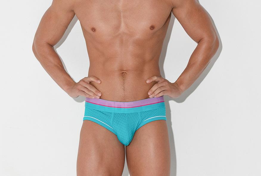 Code22 bright mesh brief in turquoise with contrasting waistband.
